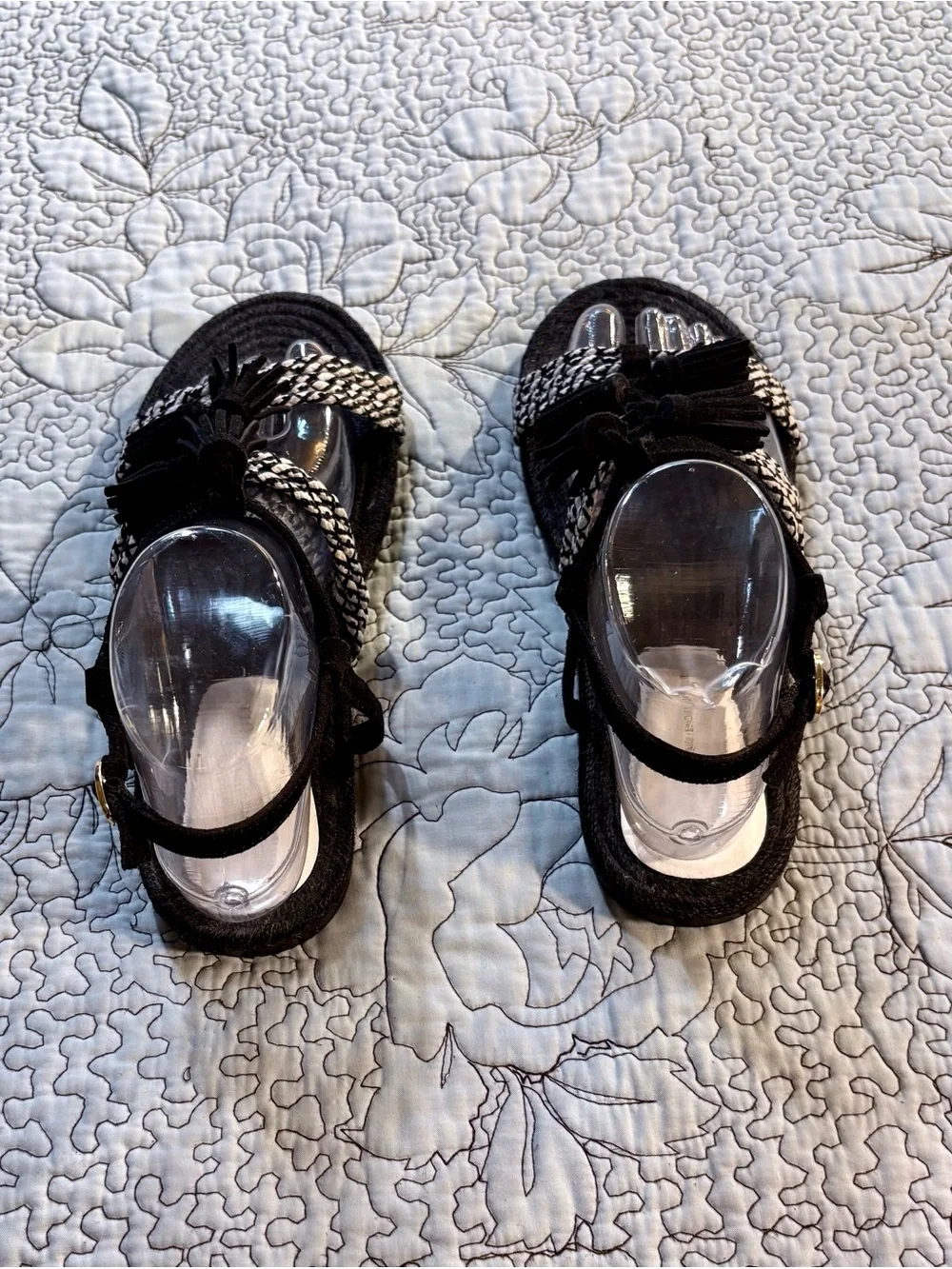 Anthropologie Fringed Rope Tassel Sandals Black White Woven Boho Sandals Sz 8💛